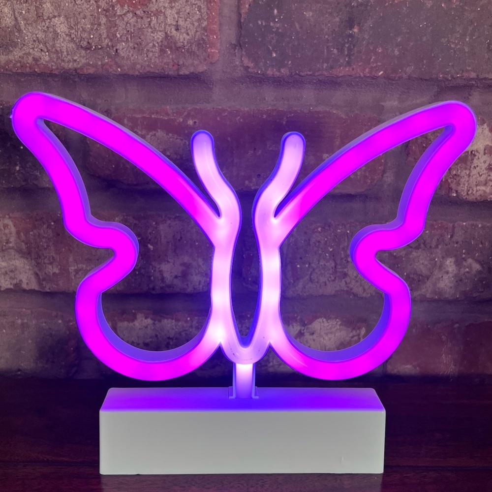 Pink and purple LED butterfly stand alone battery operated room decor.